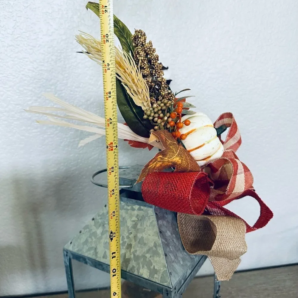 Fall Autumn Galvanized Metal Farmhouse Lantern Burlap Floral Decor